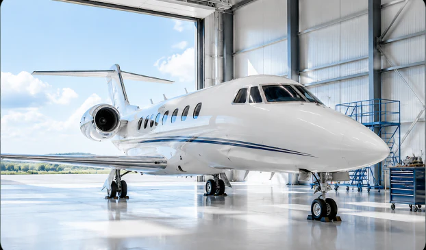 Avion privat într-un hangar de întreținere