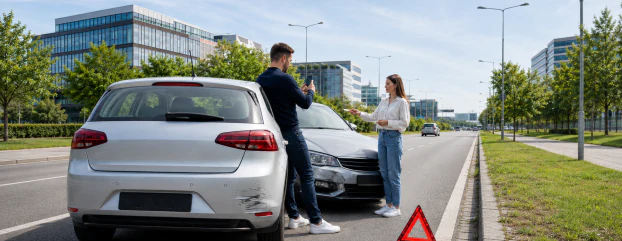 Doi șoferi lângă un autoturism avariat, cu triunghi reflectorizant pe carosabil