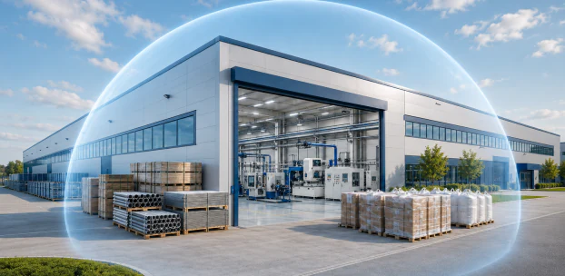 Hală industrială cu marfă paletizată, sub o cupolă de protecție transparentă