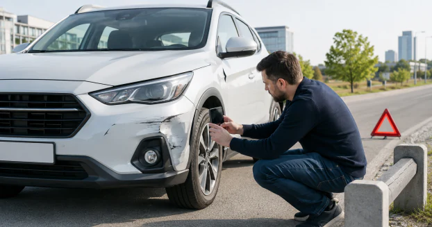 Expert inspectând avaria unui autoturism, cu triunghi reflectorizant lângă el