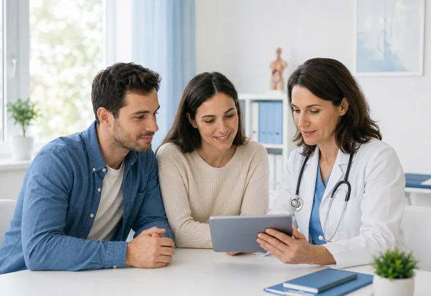Medic discutând cu un cuplu într-un cabinet medical