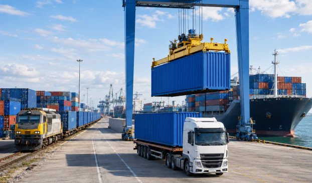 Container ridicat de macara într-un port, lângă un camion și un tren de marfă
