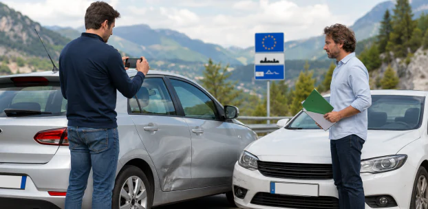 Doi șoferi completând documente între două autoturisme avariate, la frontieră