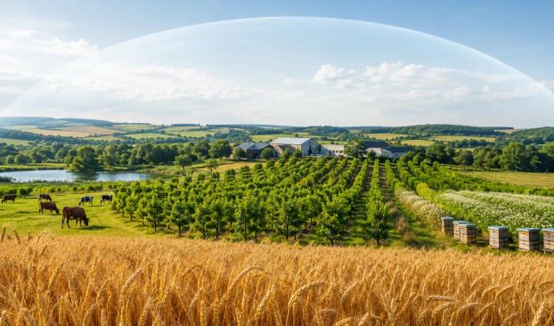 Câmp de grâu, plantație și animale la păscut, într-o zonă agricolă
