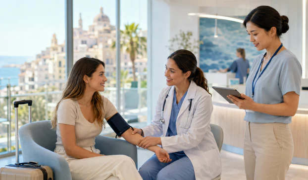 Turistă consultată de un medic într-o clinică de peste hotare