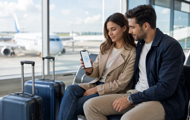 Cuplu cu bagaje într-un aeroport, verificând un telefon